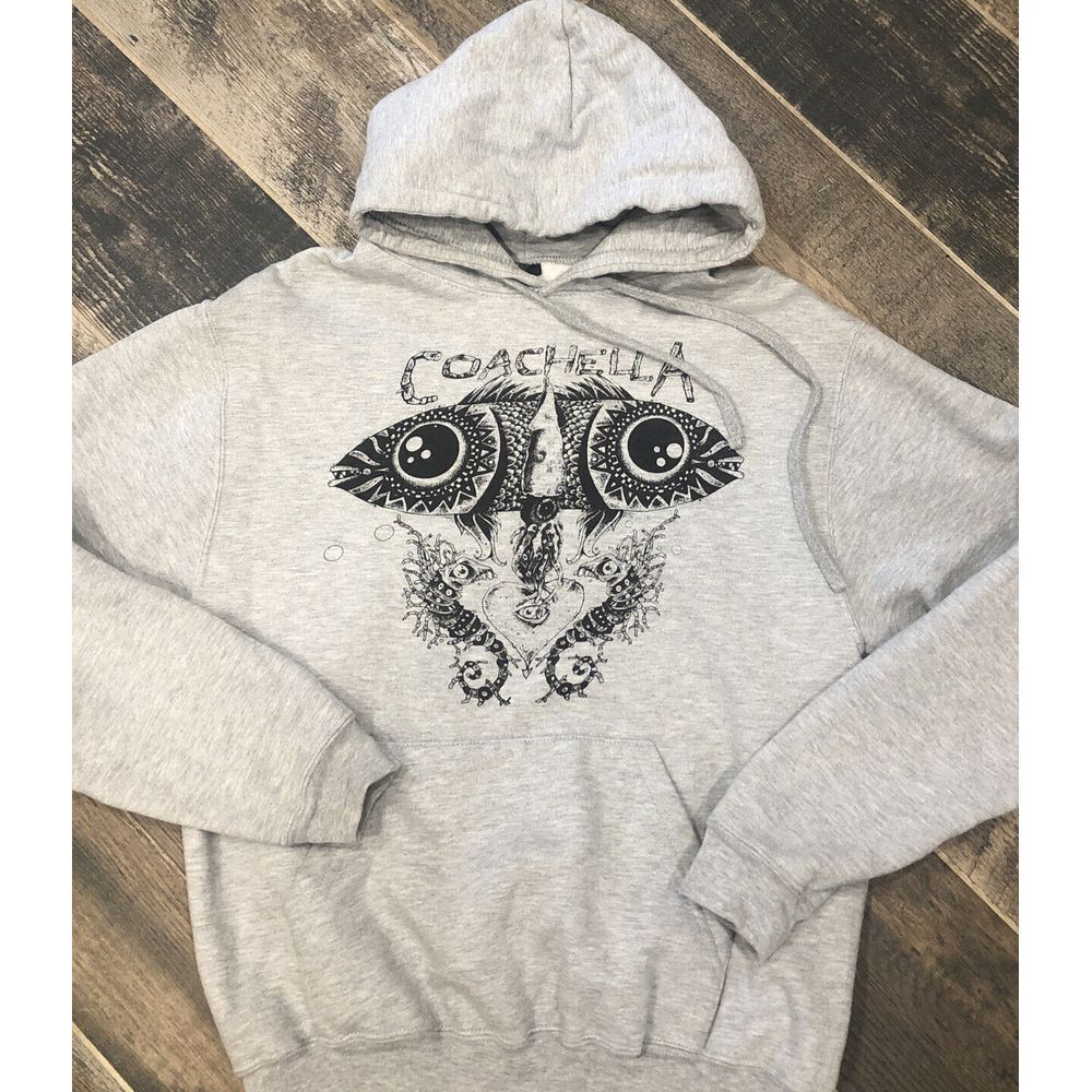 Tultex Coachella Fleece Hoodie Gray Koi Fish‎ Art Pockets Size Small